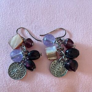 Cluster Drop Earrings Purple, Coral & Silver Beads, Sterling Silver Fish Hooks